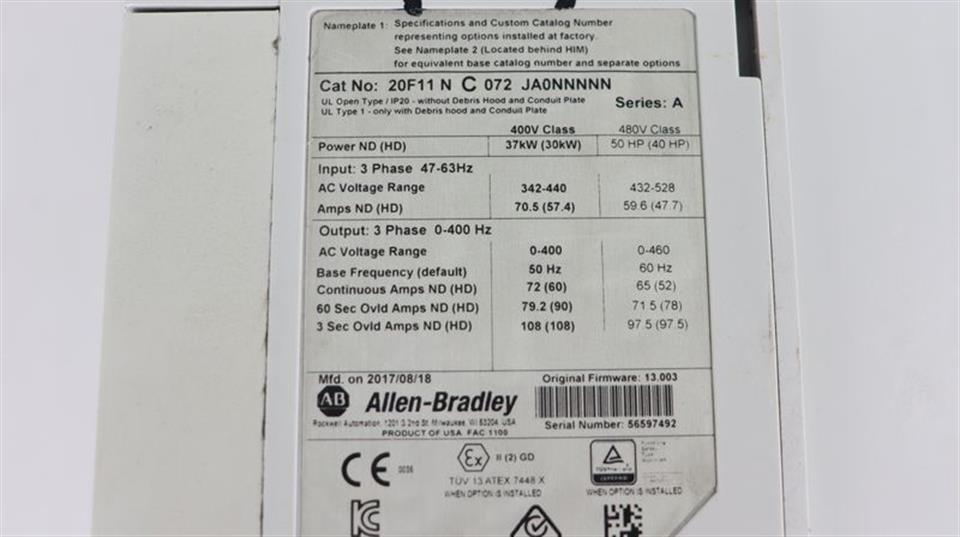 ALLEN BRADLEY POWER FLEX 753 20F11NC072JA0NNNNN SER.A 37kw TESTED & TOP ZUSTAND