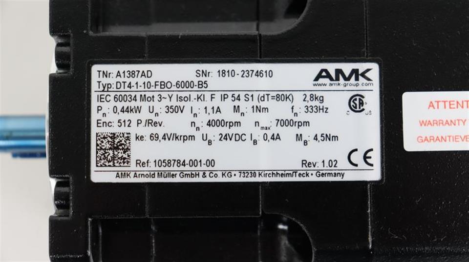AMK Servomotor DT4-1-10-FBO-6000-B5 TNr A1387AD DT4-1-10 Rev: 1.02 UNUSED