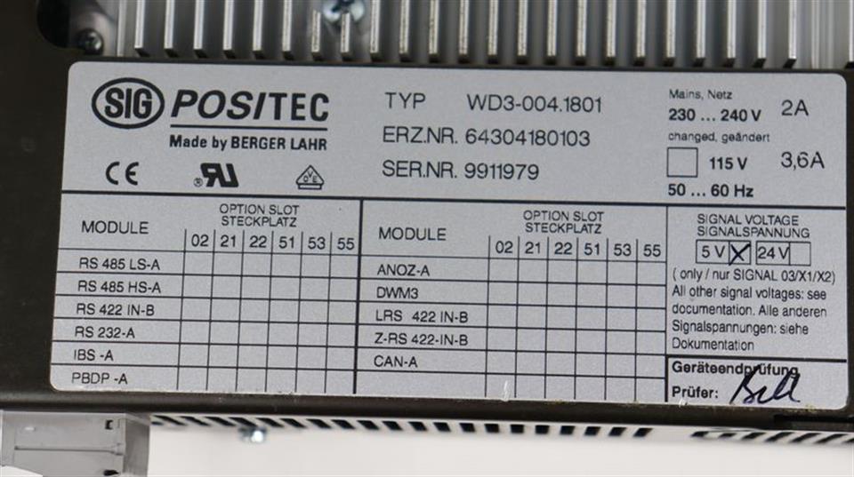 Berger Lahr Sig Positec WD3-004.1801 Positioniersteuerung 64304180103