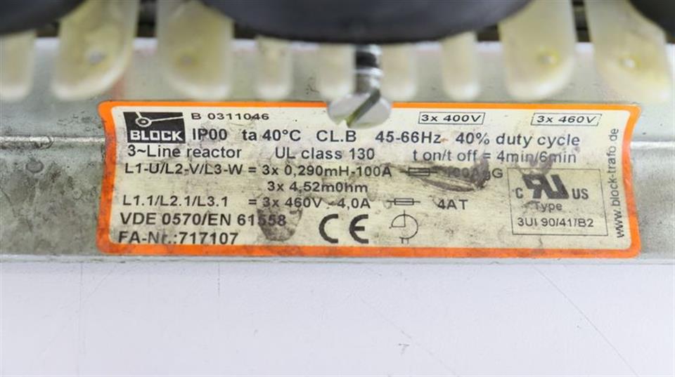 Block 3-Line Reactor B 0311046 L1.1/L2.1/L3.1 IP00 UL Class 130 TOP CONDITION