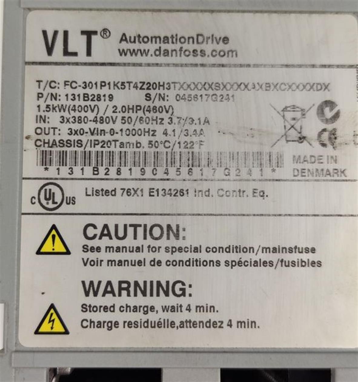 Danfoss FC-301P1K5T4Z20H3TXXXXXSXXXXAXBXCXXXXDX 131B2819 1,5kw 400V TESTED