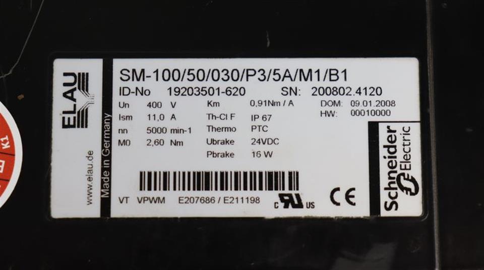 ELAU Servomotor SM-100/50/030/P3/5A/M1/B1 400V 16W 0,91Nm/A TESTED TOP ZUSTAND