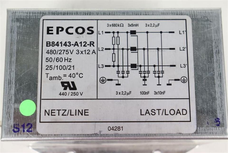 EPCOS EMV Netz Filter B84143-A12-R 480/275V 3x12A 50/60Hz 25/100/21 NEUWERTIG