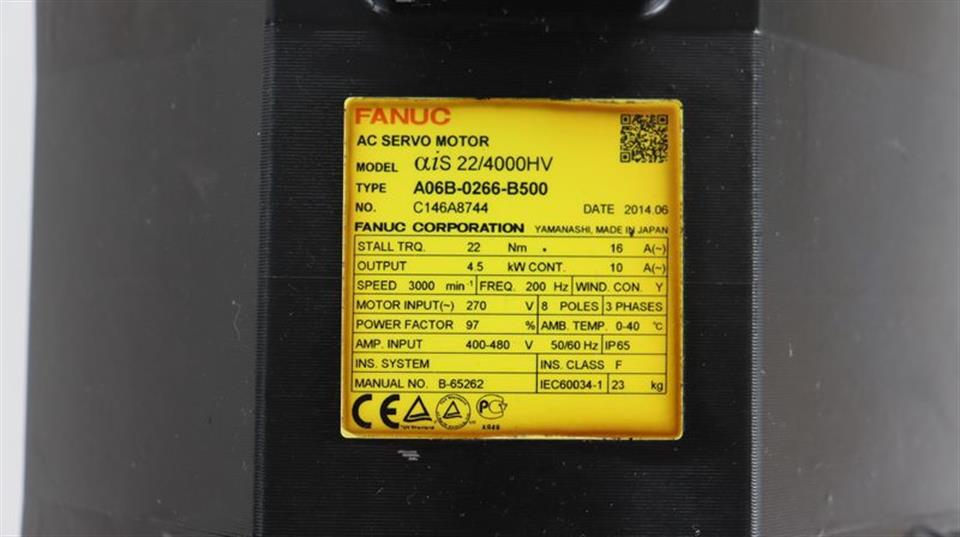 Fanuc AC Servo Motor A06B-0266-B500 aiS 22/4000HV