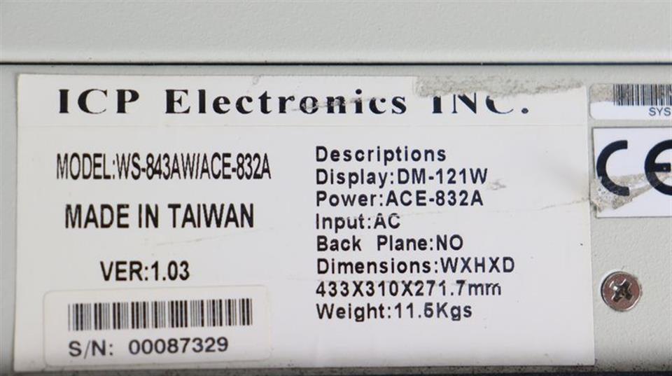 ICP Electronics WS-843AW/ACE-832A DISPLAY: DM-121W TESTED & TOP ZUSTAND