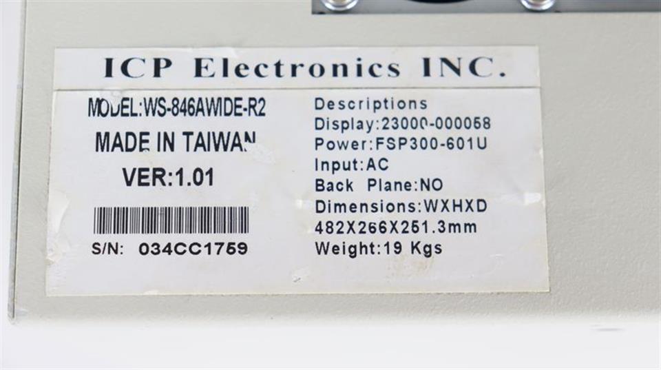 ICP Electronics WS-846AWIDE-R2 DISPLAY: 23000-000058 TESTED & TOP ZUSTAND