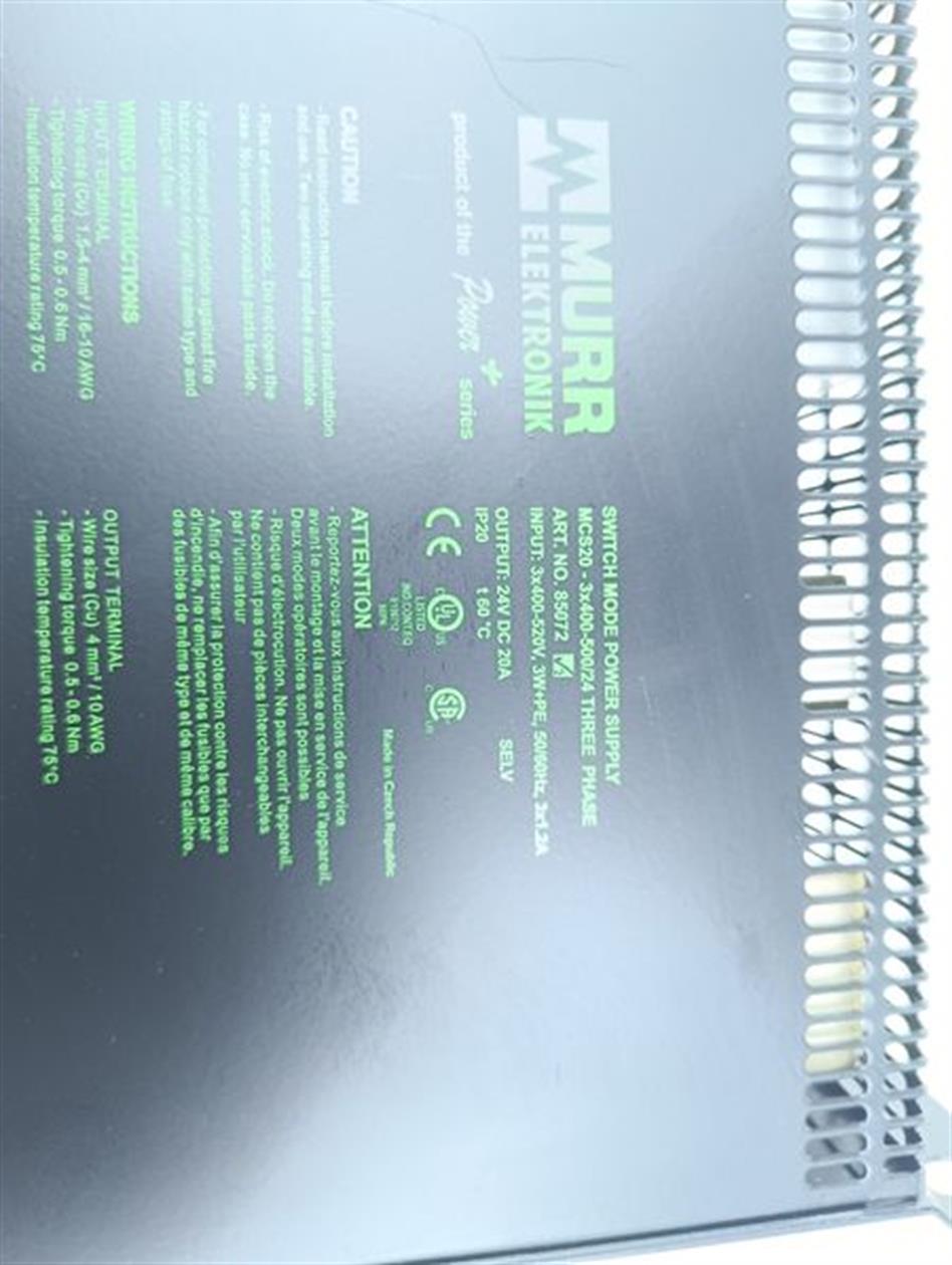 MURR Elektronik SWITCH POWER SUPPLY MCS20-3x400-500/24 85072 400V 20A 24VDC TOP