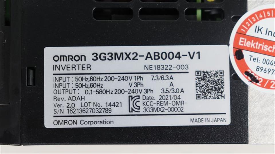 Omron Inverter 3G3MX2-AB004-V1 Rev. ADAH Ver. 2.0 TESTED & UNUSED & OVP