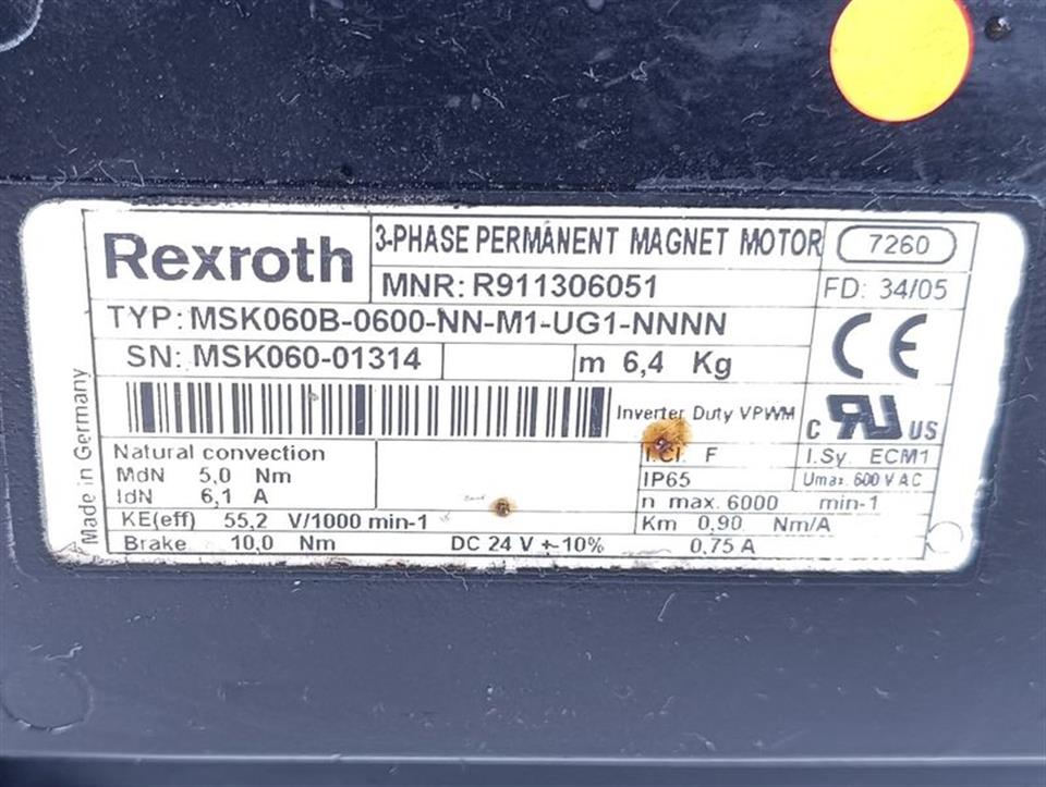 Rexroth MSK060B-0600-NN-M1-UG1-NNNN R911306051 nmax: 6000min-1 TESTED
