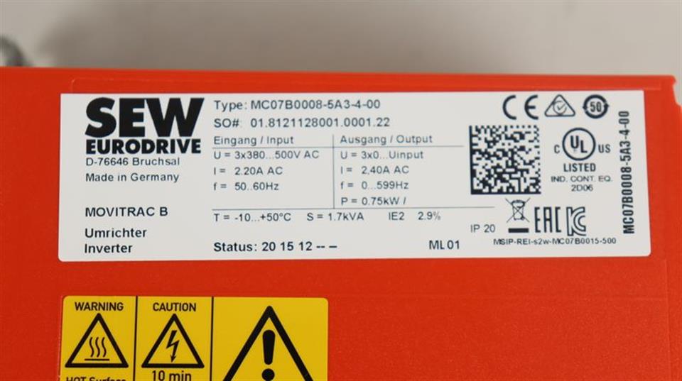 SEW EURODRIVE MC07B0008-5A3-4-00 0,75kW 400V + BW072-003 UNUSED & OVP
