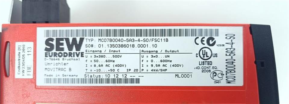 SEW Eurodrive Movitrac B MC07B0040-5A3-4-S0 / FSC11B Umrichter TOP ZUSTAND