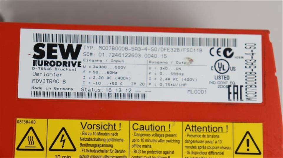 SEW Eurodrive Safety Drive MC07B0008-5A3-4-S0 FSC11B 400V 0,75kw TESTED TOP