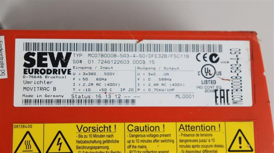 SEW Eurodrive Safety Drive MC07B0008-5A3-4-S0 ohne Abdeckung 400V 0,75kw TESTED