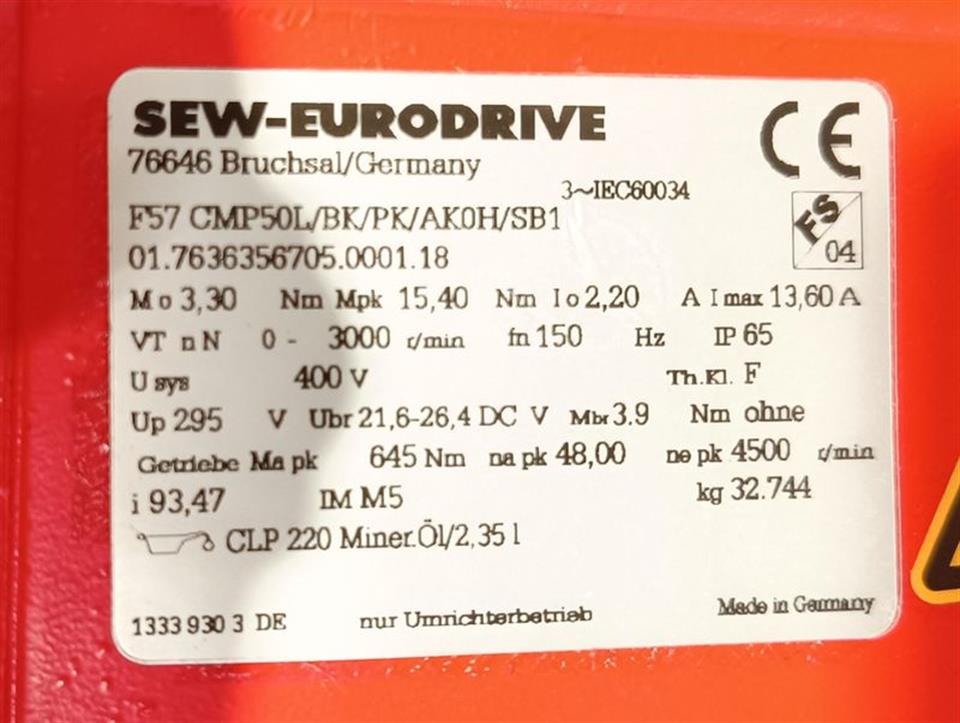 SEW Eurodrive Servomotor F57 CMP50L/BK/PK/AK0H/SB1 i=93,47 UNUSED