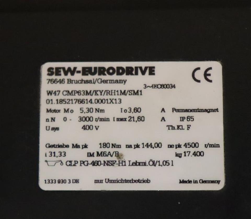 SEW Getriebe Servomotor W47 CMP63M/KY/RH1M/SM1 400V 5,3Nm 3000r/min NEUWERTIG