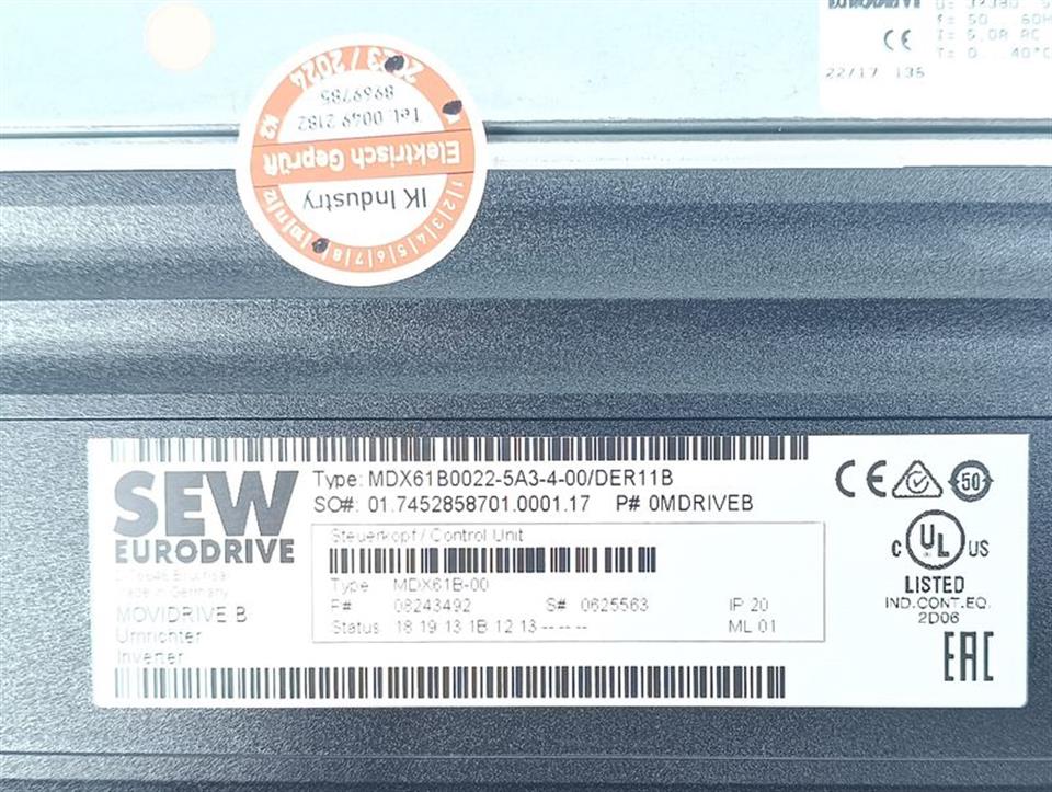 SEW Movidrive MDX61B0022-5A3-4-00 + MDX60A0022-5A3-4-00 TESTED & TOP ZUSTAND