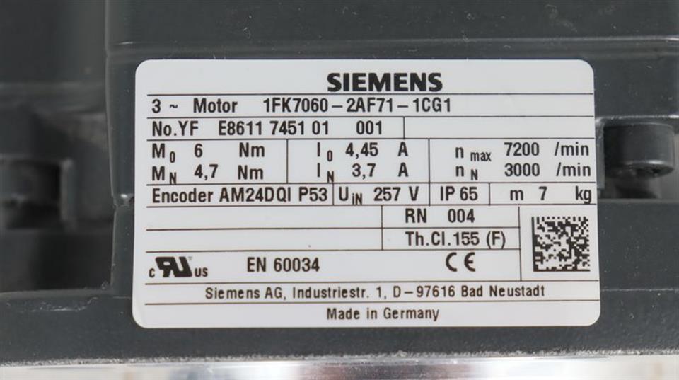 Siemens 3~ Brushless Servomotor 1FK7060-2AF71-1CG1 TESTED NEUWERTIG