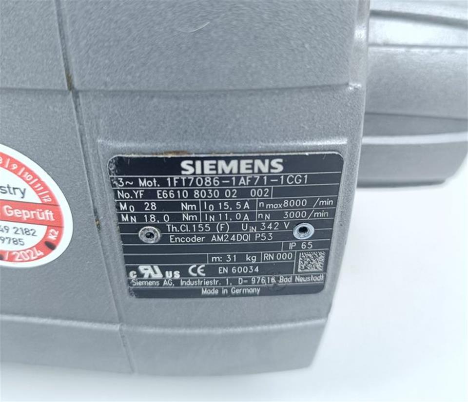 Siemens 3~ Motor Servomotor 1FT7086-1AF71-1CG1 TESTED & NEUWERTIG