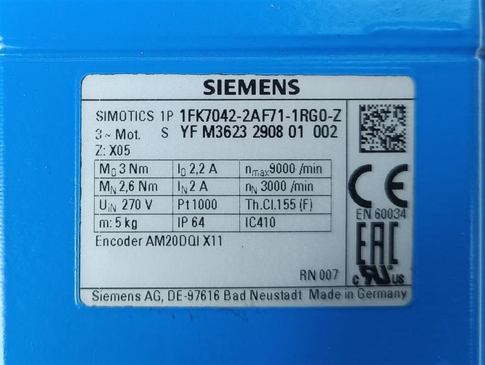 Siemens Servo Motor 1FK7042-2AF71-1RG0 Z:X05 nMax 9000/min TESTED & NEUWERTIG