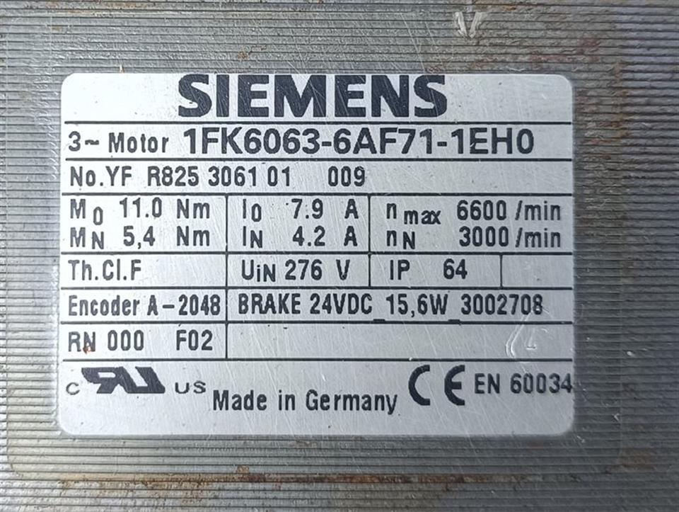 Siemens 3~Brushless Servomotor 1FK6063-6AF71-1EH0 TESTED TOP ZUSTAND