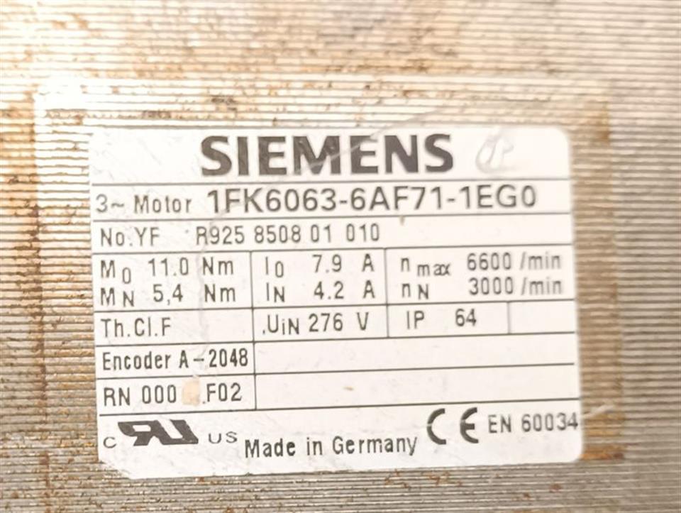 Siemens 3~Brushless Servomotor 1FK6063-6AF71-1EH0 TESTED TOP ZUSTAND