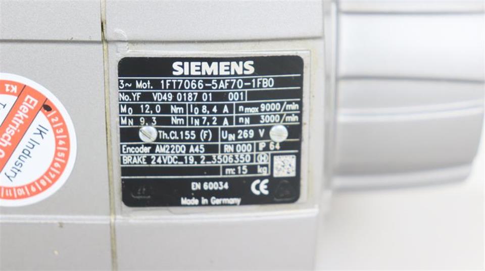 Siemens 3~Mot. Servo Motor 1FT7066-5AF70-1FB0 TESTED NEUWERTIG