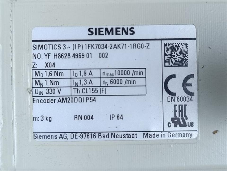 Siemens Servomotor 1FK7034-2AK71-1RG0 Z: X04 nMax 10000/min TESTED & NEUWERTIG