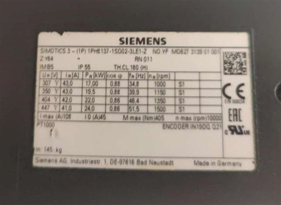 Siemens Hauptspindelmotor 1PH8137-1SD02-3LE1-Z + W2D225-EB14-14 TOP ZUSTAND