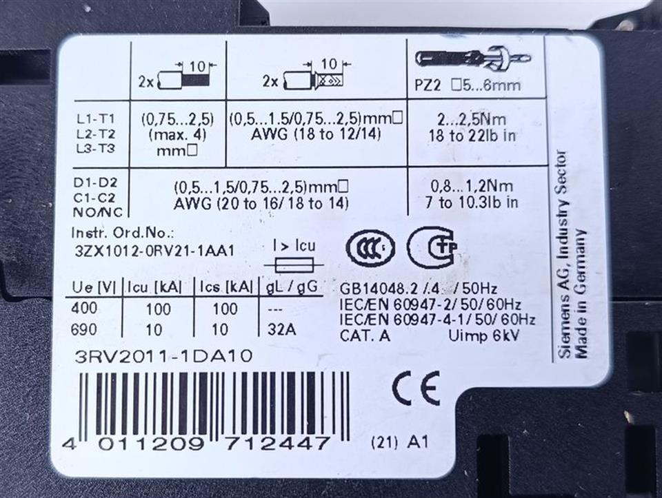 Siemens Leistungsschalter 3RV2011-1DA10 + 3RV2901-1E TOP ZUSTAND