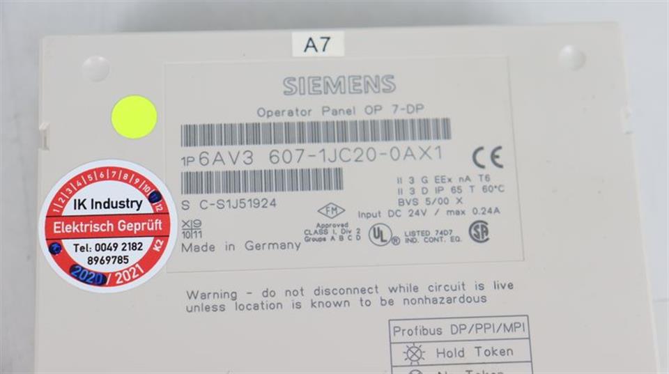 Siemens Panel OP7-DP 6AV3 607-1JC20-0AX1 E-St.07 6AV3607-1JC20-0AX1 TESTED TOP