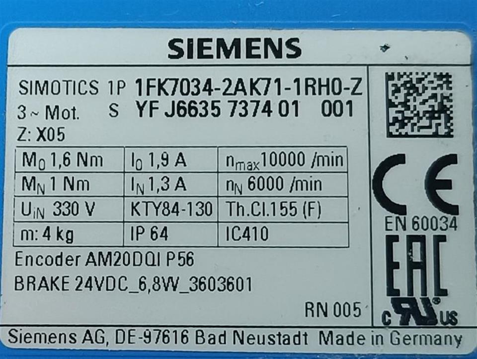 Siemens Servo Motor 1FK7034-2AK71-1RH0 Z:X05 Blue Color TESTED & NEUWERTIG