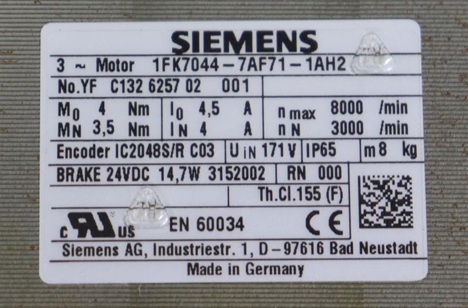Siemens servomotor 1FK7044-7AF71-1AH2 4,5A Nmax 8000/min TESTED & NEUWERTIG