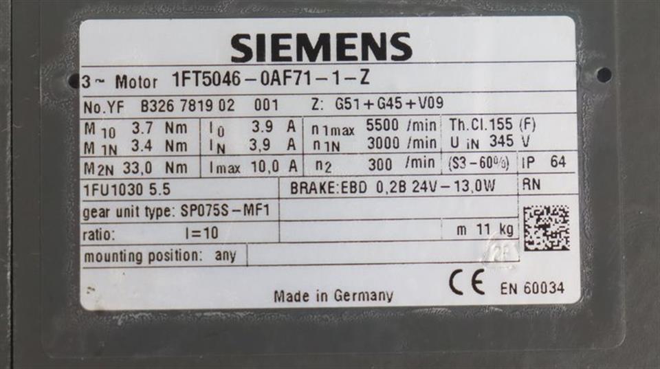 Siemens Servomotor 1FT5046-0AF71-1-Z + SP075S-MF1 TESTED & UNUSED UNBENUTZT