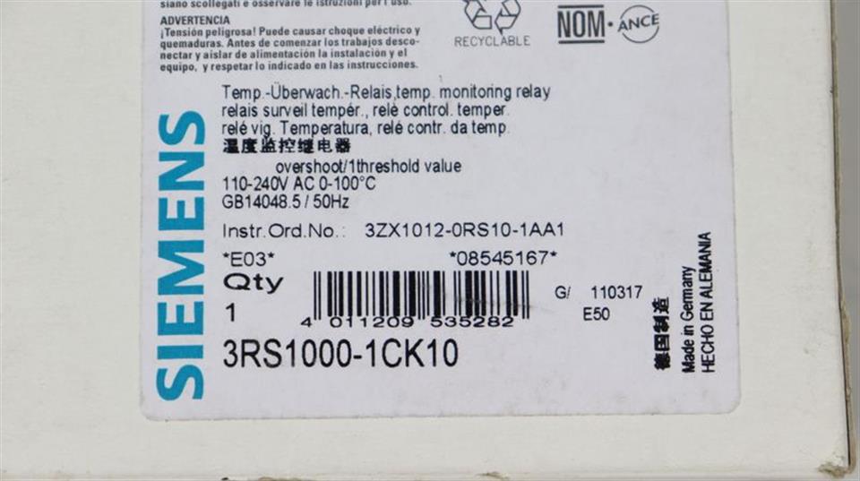 Siemens SIMIREL 3RS1000-1CK10 Überwachungsrelais Temperatur UNUSED & OVP