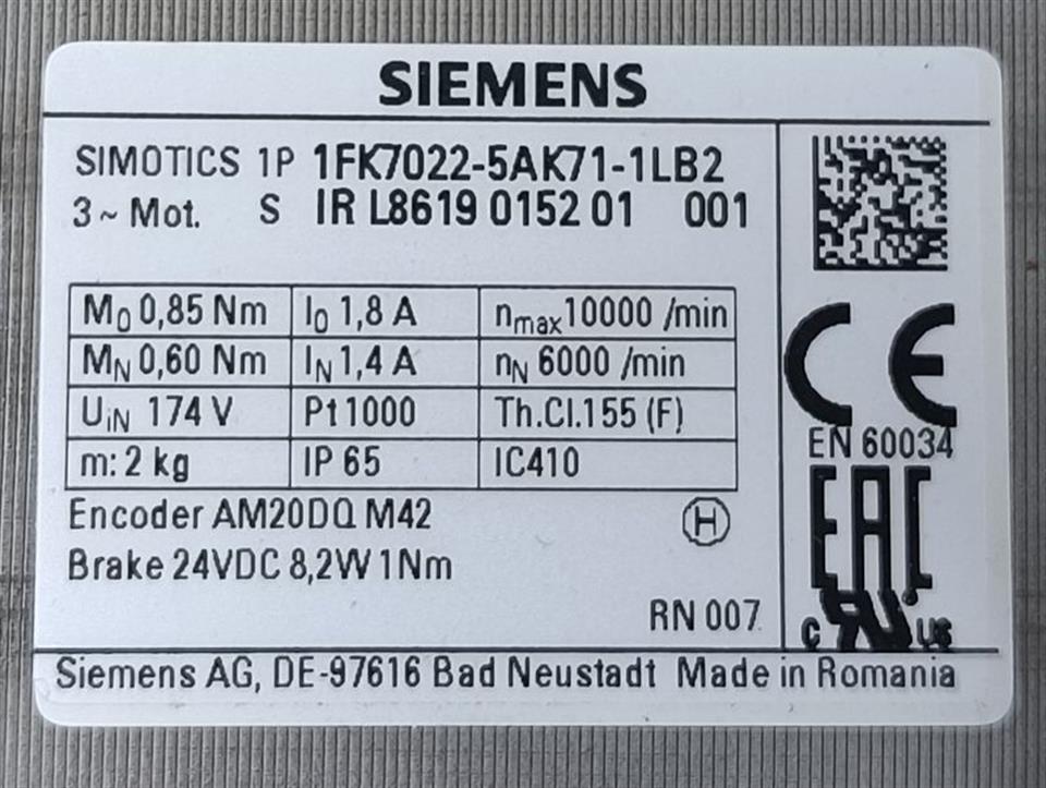 Siemens Simotics 1FK7022-5AK71-1LB2 3~Motor Nmax 10000/min TESTED & NEUWERTIG