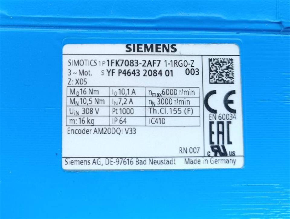Siemens Servomotor 1FK7083-2AF71-1RG0 Z:X05 Blue Color TESTED & NEUWERTIG