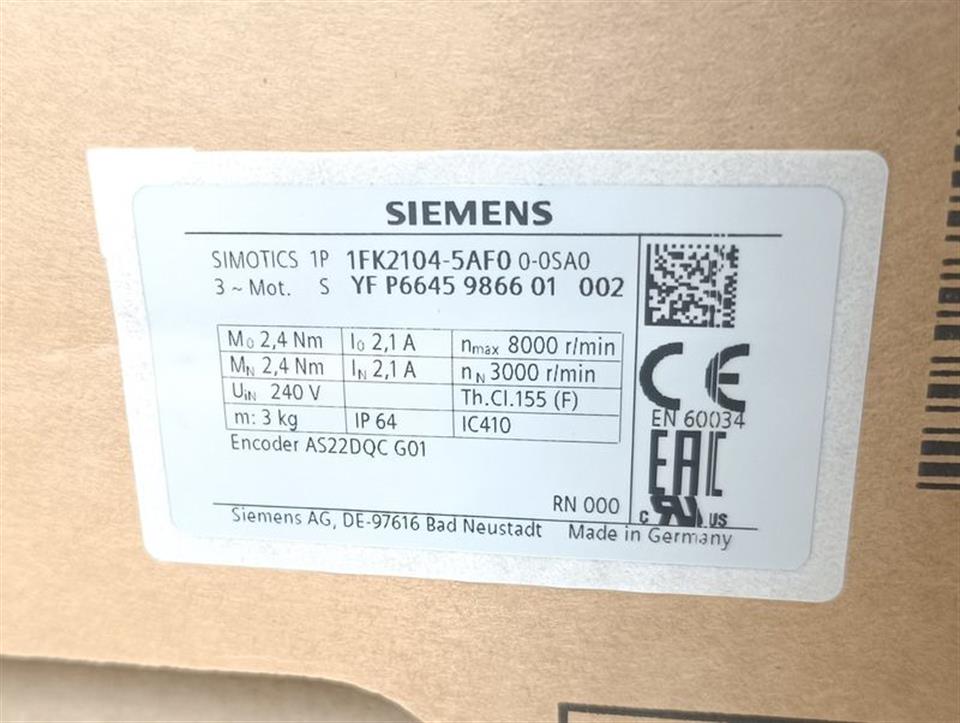 Siemens Simotics 3~ Motor 1FK2104-5AF00-0SA0 UNUSED & OVP