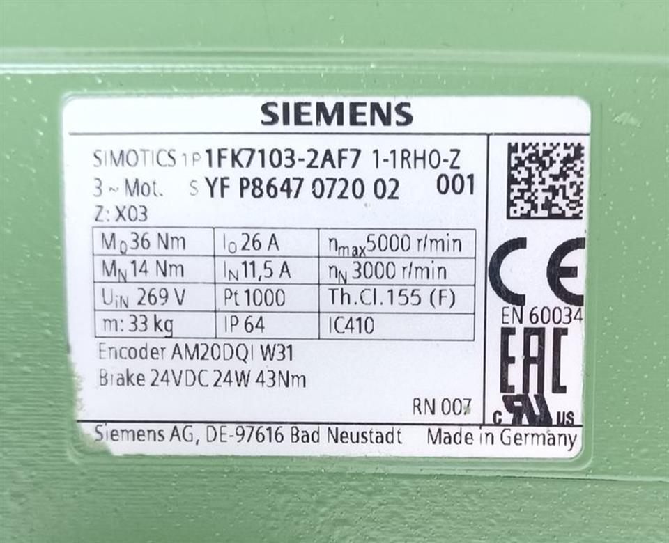 Siemens Servomotor 1FK7103-2AF71-1RH0 Z Z= X03 RESEDA GREEN TESTED & UNUSED