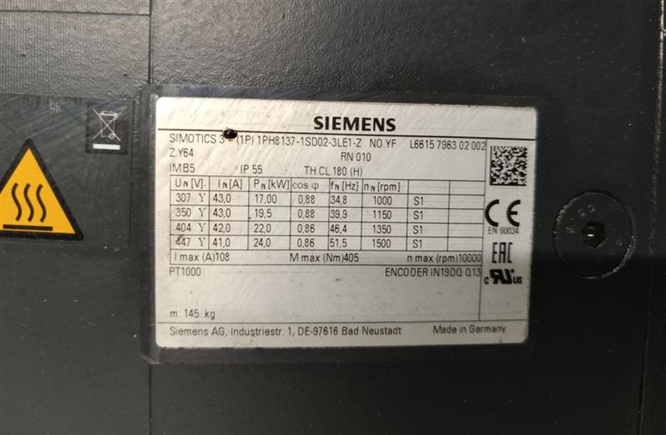 Siemens SIMOTICS M Kompakt-Asynchronmotor 1PH8137-1SD02-3LE1-Z Z: Y64 TOP ZUSTAND