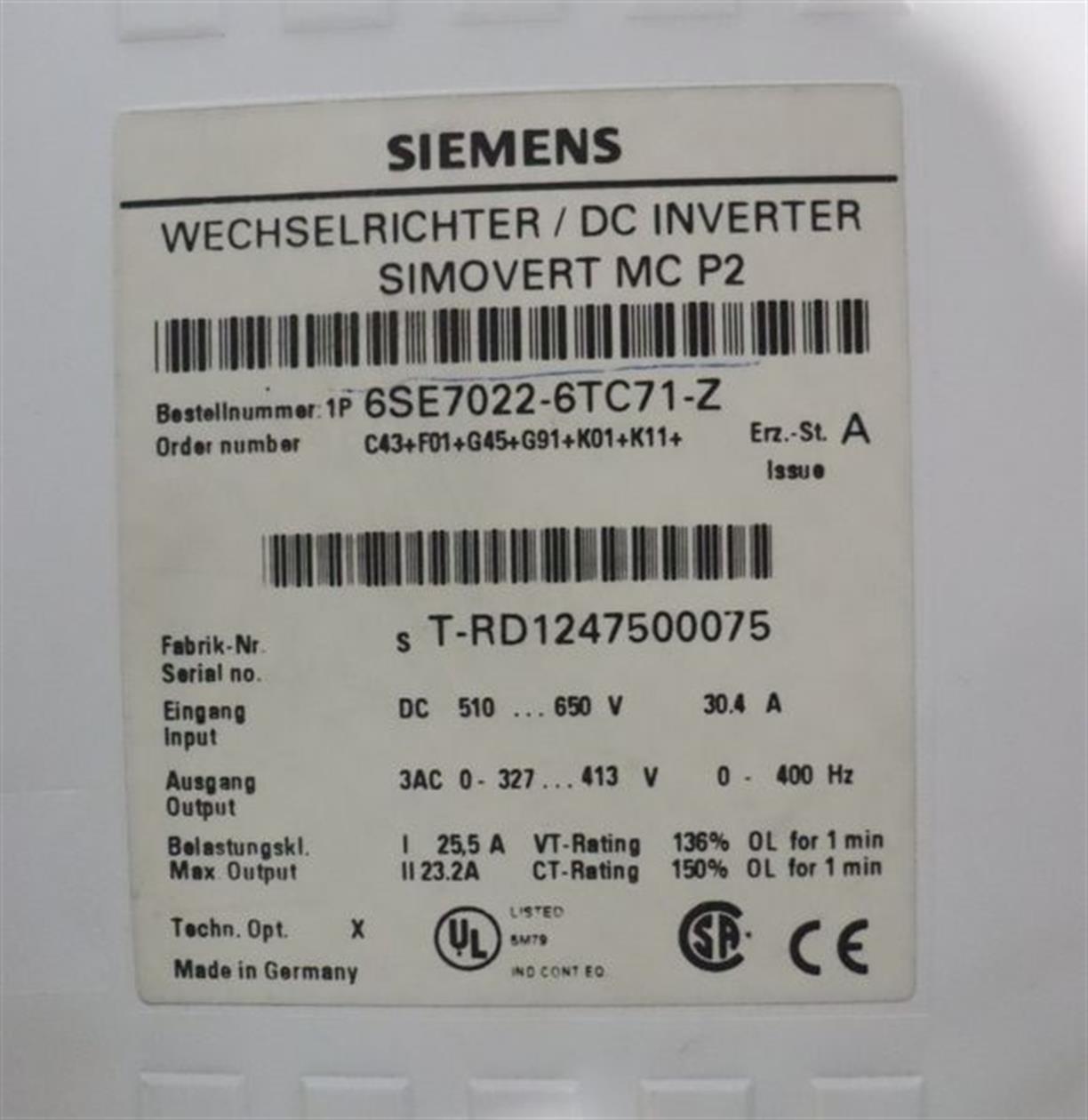 Siemens Simovert 6SE7022-6TC71-Z C43+F01+G45+G91+K01+K11+CUPM +ADB TESTED