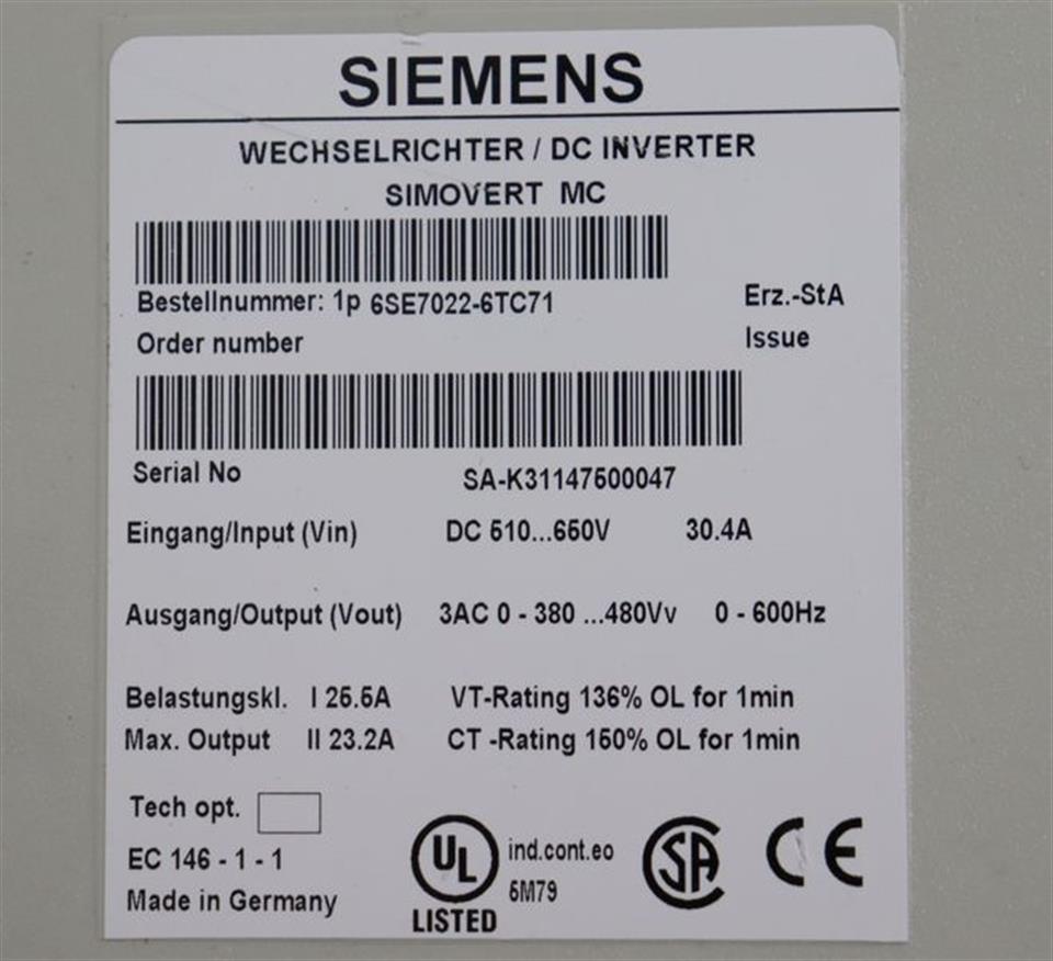 Siemens Simovert DC Inverter 6SE7022-6TC71 + CUPM + ADB TESTED & NEUWERTIG