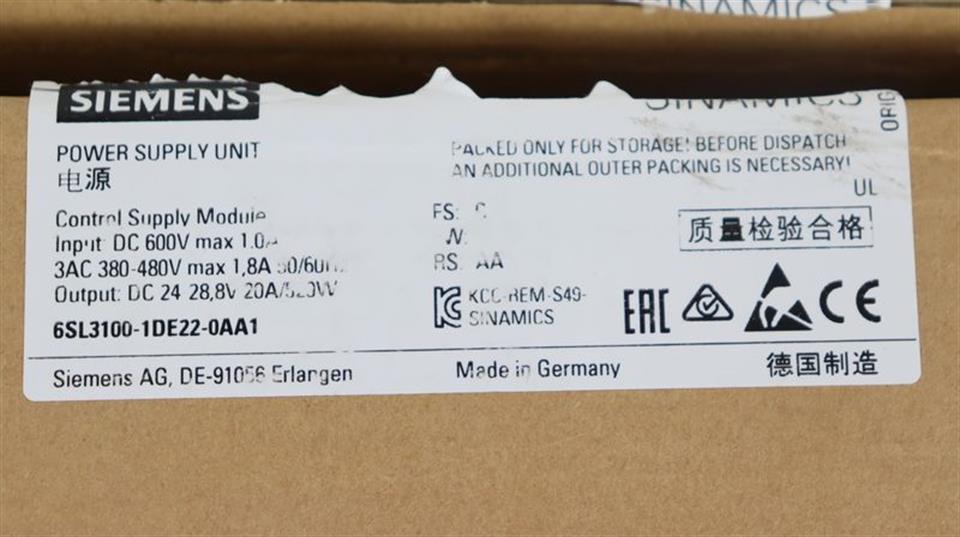 Siemens Sinamics 6SL3100-1DE22-0AA1 FS: C UNUSED & OVP