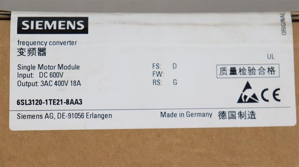 Siemens Sinamics 6SL3120-1TE21-8AA3 18A FS: D UNUSED & OVP & VERSIEGELT