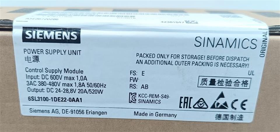 Siemens Sinamics Power Supply 6SL3100-1DE22-0AA1 FS: E UNUSED & OVP & VERSIEGELT