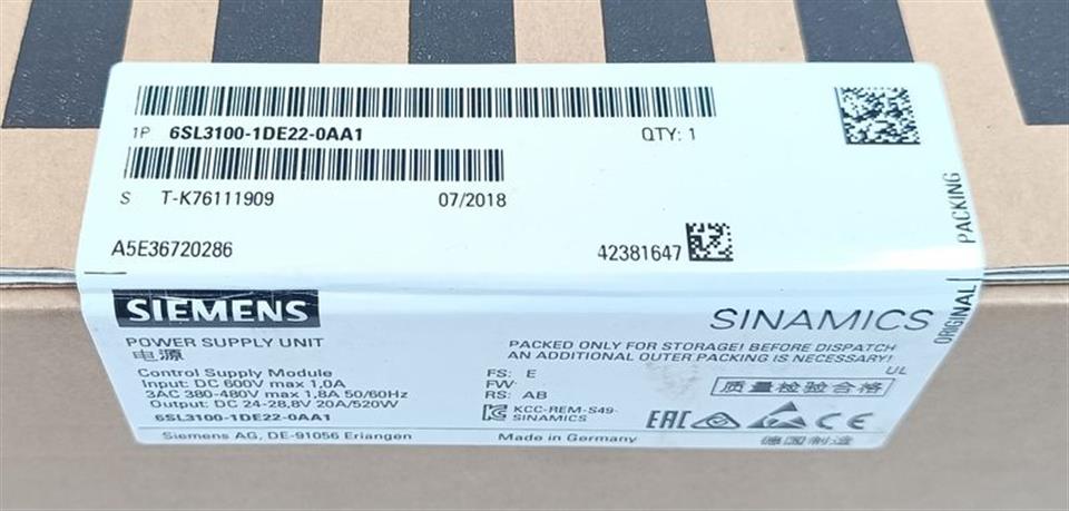 Siemens Sinamics Power Supply 6SL3100-1DE22-0AA1 FS: E UNUSED & OVP & VERSIEGELT