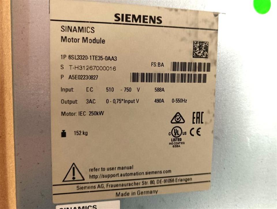 Siemens Sinamics S120 Motor Module 6SL3320-1TE35-0AA3 250Kw 490A FS: BA NEUWERTIG