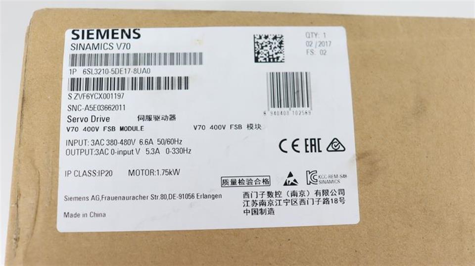 Siemens Sinamics V70 6SL3210-5DE17-8UA0 FS:02 UNUSED & OVP