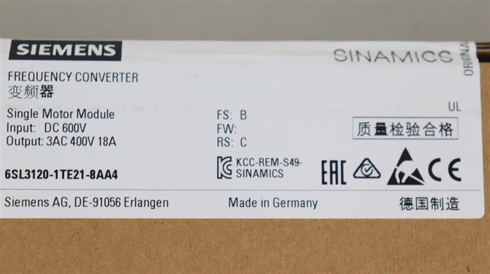 Siemens Sinmaics 6SL3120-1TE21-8AA4 FS:B 18A UNUSED & OVP & VERSIEGELT