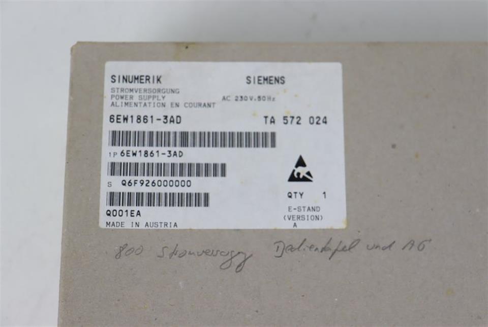 SIEMENS SINUMERIK STROMVERSORGUNG 6EW1861-3AD E-STAND:A OVP UNBENUTZT