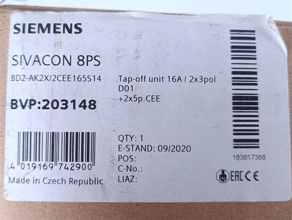 Siemens SIVACON 8PS BD2-AK2X/2CEE165S14 Tap-off unit 16A UNUSED & OVP & SEALED